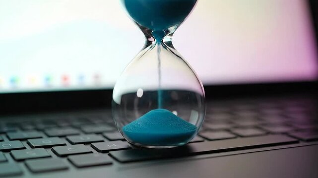 Time Running Out - Hourglass on Laptop Keyboard.