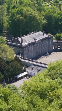 magnificent structures parks ponds ch&acirc;teau seneffe visitors grounds surrounding green areas create vibrant to left right pans aerial drone of de belgium 