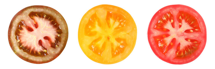 Sliced tomatoes of different colors isolated on white, set