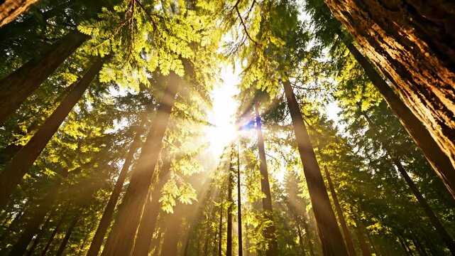 Sunlight filtering through tall forest trees