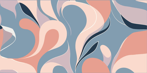 Abstract seamless pattern with organic fluid shapes in pastel coral, dusty blue, and lavender. Modern aesthetic wavy background for textile and web