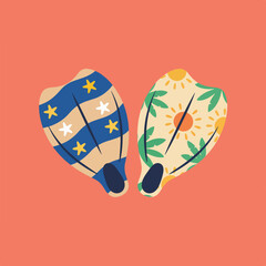 Two playful swimming fins, one with stars and stripes, the other with tropical suns and palm leaves, on a vibrant coral background. © Ahmad