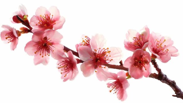 This captures the delicate beauty of cherry blossoms in full bloom against a stark white background. The flowers are rendered with exceptional detail and color accuracy