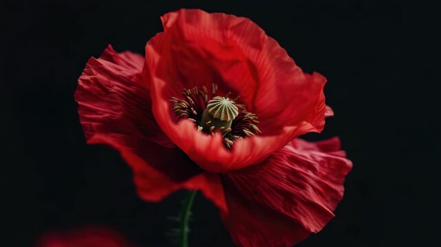 A close-up of a vibrant red poppy flower with its petals fully opened.