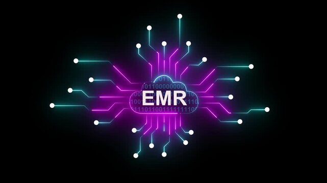 glowing neon Cloud computing for data storage and transfer for safety. Cloud icon with EMR text animation. Futuristic technology global network data connection.
