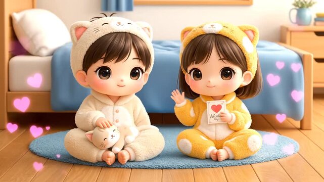 Adorable Chibi Kids in Valentine Day Pajamas: Cute Boy with Kitten and Girl with Heart Card, Animated Hearts for a Sweet Celebration.