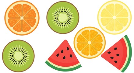 Vibrant Assortment of Freshly Sliced Citrus, Kiwi, and Watermelon Fruits.