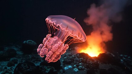 Glowing jellyfish swims gracefully above a vibrant underwater volcano, emitting a fiery glow