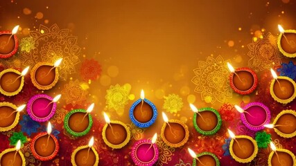 Colorful diya lamps arranged with decorative mandalas for Diwali or a Hindu festival celebration
