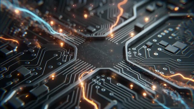 Hyper realistic microcircuit animation viewed under electron microscope futuristic technology visualization firefly science detail motion