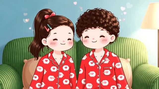 Cute Cartoon Couple in Valentine Day Pajamas Kissing on Sofa, Celebrating Love and Togetherness with Hearts Floating Around