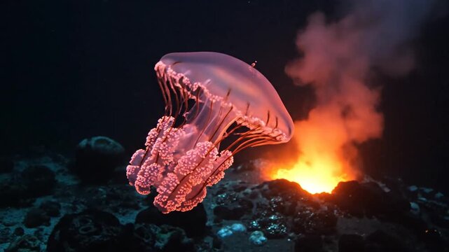 Glowing jellyfish swims gracefully above a vibrant underwater volcano, emitting a fiery glow