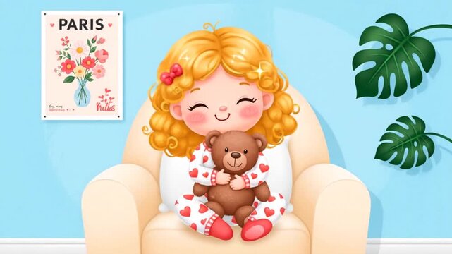 Adorable blonde cartoon girl in cozy Valentine Day Pajamas with heart patterns, happily hugging a teddy bear on an armchair, perfect for kids' themes.