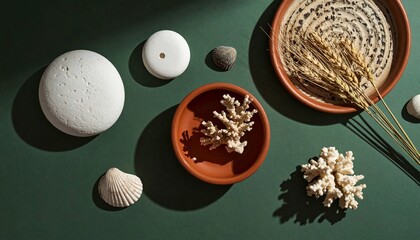 Overhead shot of natural elements arranged on a green surface with shadows