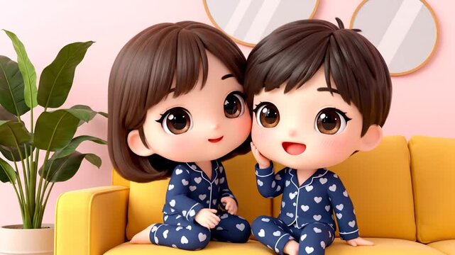 Cute Chibi Couple in Valentine Day Pajamas Sharing a Sweet Kiss on a Cozy Couch, Adorable Animated Scene