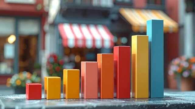 Vibrant bar graph illustrating positive financial growth and market trends for urban small businesses, set against a blurred city street backdrop