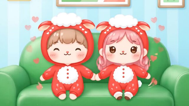 Adorable Cartoon Couple in Festive Red Valentine Day Pajamas Sitting on a Couch Holding Hands with Floating Hearts, Perfect for Love and Relationship Concepts