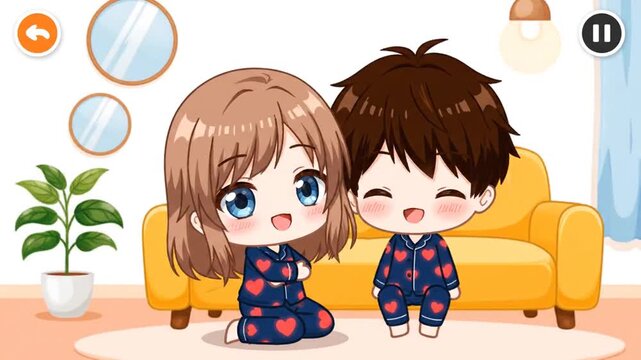 Adorable Animated Chibi Couple Wearing Matching Heart-Patterned Valentine Day Pajamas at Home, Celebrating Love and Comfort