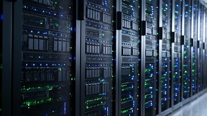 data center concept Rows of server racks in a modern data center with blinking blue and green status lights - Powered by Adobe