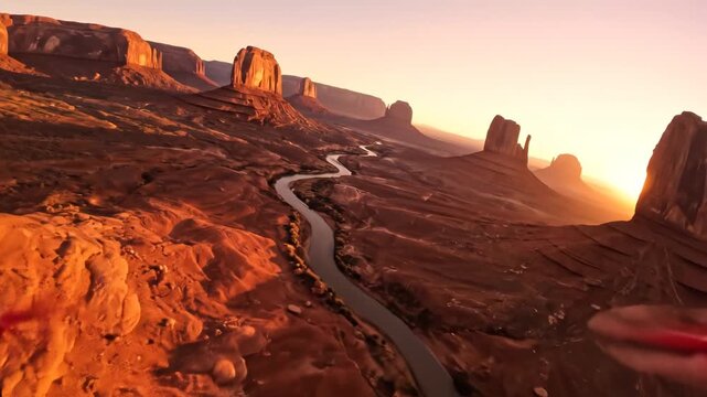Desert landscape with rock formations at sunset