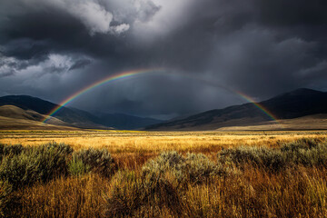 Obraz premium Double Rainbow Over Golden Field and Dark Clouds