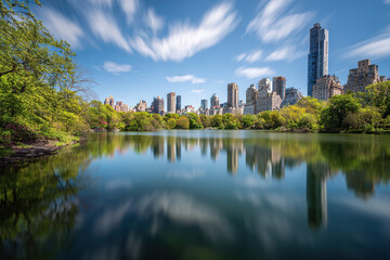 Obraz premium Central Park Lake with City Skyline Reflection