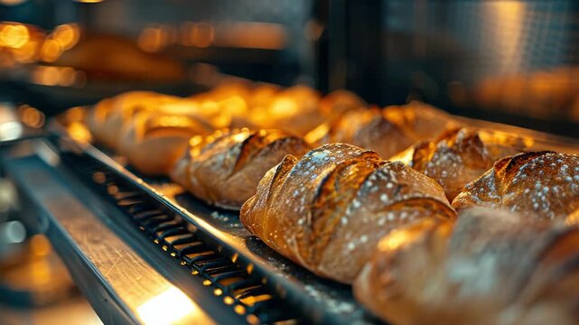 This captures the delightful process of freshly baked bread as it emerges from an oven and travels along a conveyor belt.