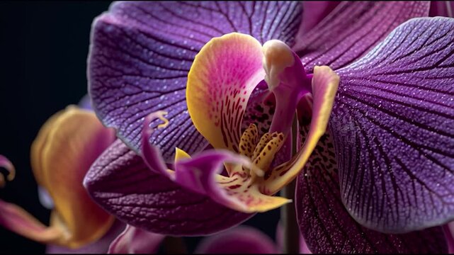 Macro close-up shot of a purple orchid flower with dew drops on its petals, reveals its beauty and