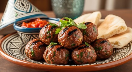 Delicious Grilled Meatballs Served with Pita Bread and Spicy Sauce.