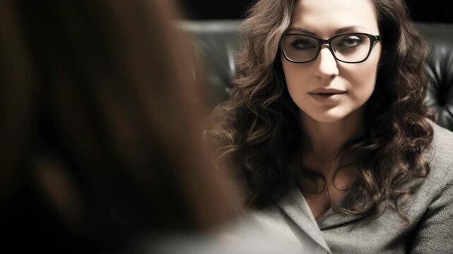 A serious actress sitting at a desk, fully immersed in her character with intense focus.