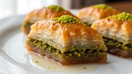 Delicious Turkish Baklava with Pistachios and Syrup on a White Plate.