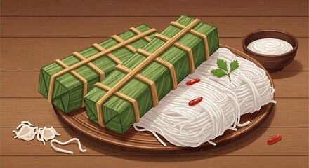 Traditional Vietnamese Banh Tet and Banh U with Dipping Sauce.