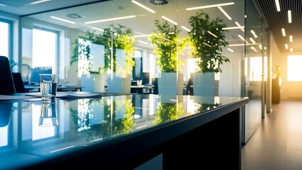 Modern office workspace with natural light, indoor plants, and clean design reflecting productivity and comfort, interior view in corporate environment