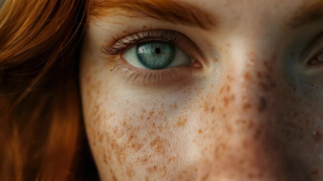 A young person with striking blue eyes and noticeable freckles gazes off to the side. A close-up portrait that captures intricate details of skin texture and eye color.