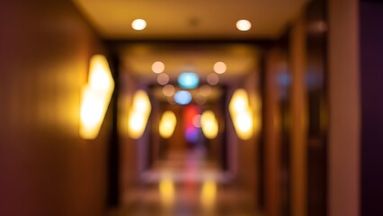 Captivating bokeh lights softly illuminate a modern hotel corridor, creating a serene and luxurious ambiance in this dreamy abstract shot