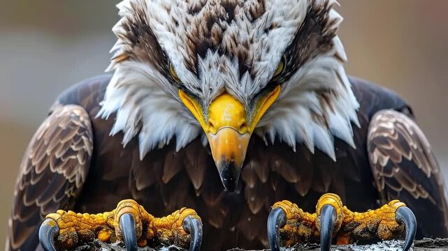 Majestic close-up of a powerful bald eagle, its piercing gaze and formidable talons conveying raw intensity and the untamed spirit of the wilderness