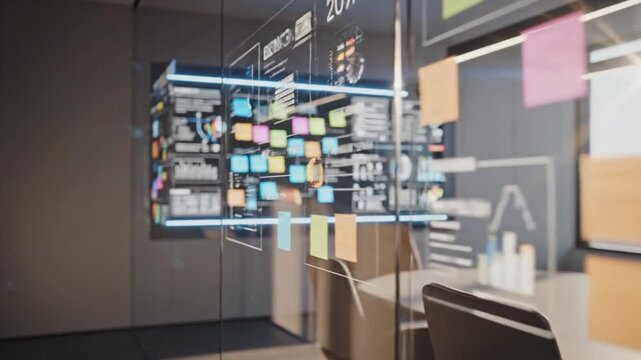 Modern Office Meeting Room with Interactive Data Display and Digital Sticky Notes