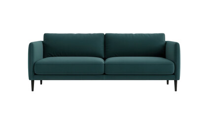 Front view of a modern two seater sofa in teal color isolated on white background