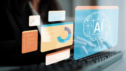 Business professional analyzing artificial intelligence data on a keyboard with digital interface overlays representing analytics and technology concepts Gluon.