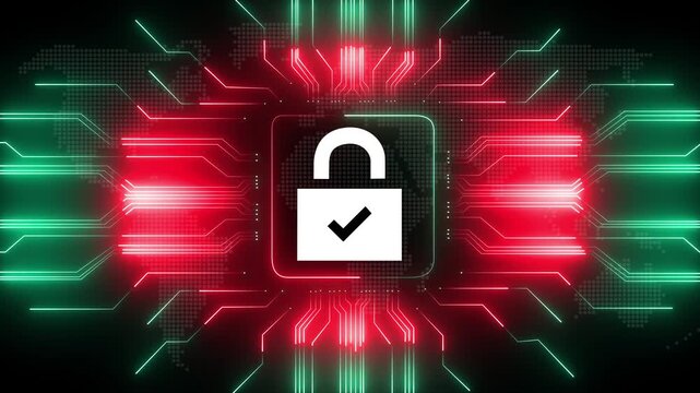 Glowing neon technology electronic circuit board with lock icon animation on black background. Neon line Circuit Board moving electrons Data Flow Loop Background Animation.