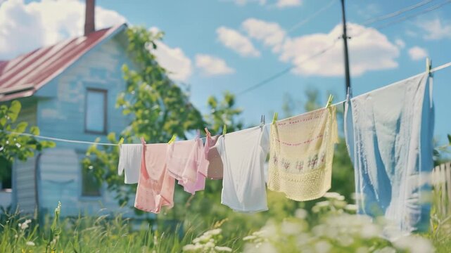 This captures the vibrant colors and textures of laundry drying outside. The clothes are hung out to dry, creating an attractive contrast against the bright blue sky