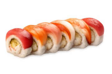 Rainbow sushi roll with fresh seafood on a transparent background, showcasing vibrant colors and japanese cuisine