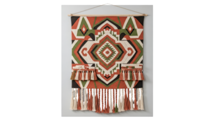 Front view of a large tapestry with a boho geometric pattern hanging on a plain wall isolated on white background