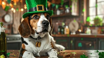 Festive Beagle Dog Posing with a Green Leprechaun Hat for St
