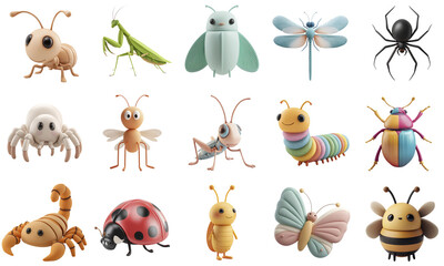 Adorable 3d Pastel Insects and Bugs Assortment on a Transparent Background