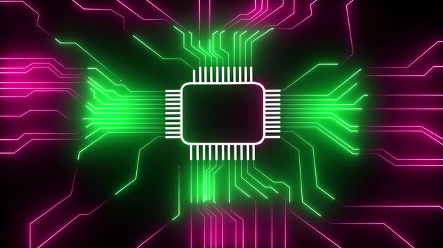 Glowing neon electronic circuit board. Neon line Circuit Board moving electrons Data Flow Loop Background Animation. Artificial Intelligence.
