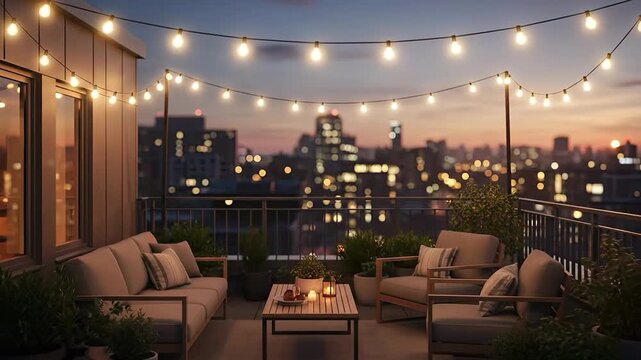 Rooftop Oasis Cozy Balcony Evening with City Skyline Glow.