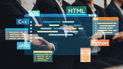 A group of professional developers collaborates on a project, surrounded by icons representing various programming languages. This image captures the essence of teamwork in tech. Raster