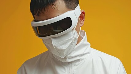 Individual in advanced white protective suit with futuristic vision goggles and medical mask, embodying modern health protocols and technological progress against a vibrant yellow background