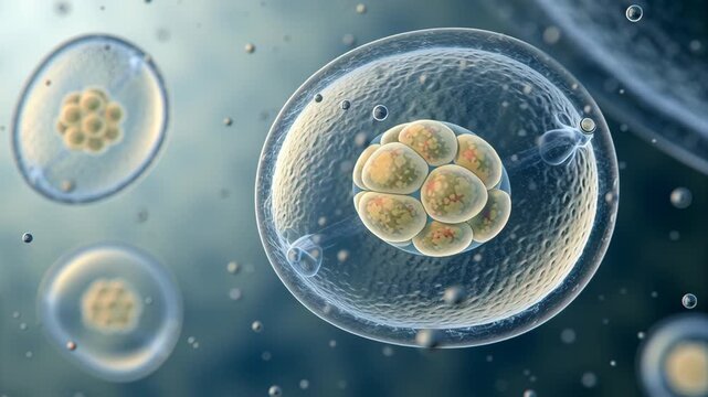 Fertilization Process Concept ,Cell biology science microscopic division embryo medical research health technology early stage cell division